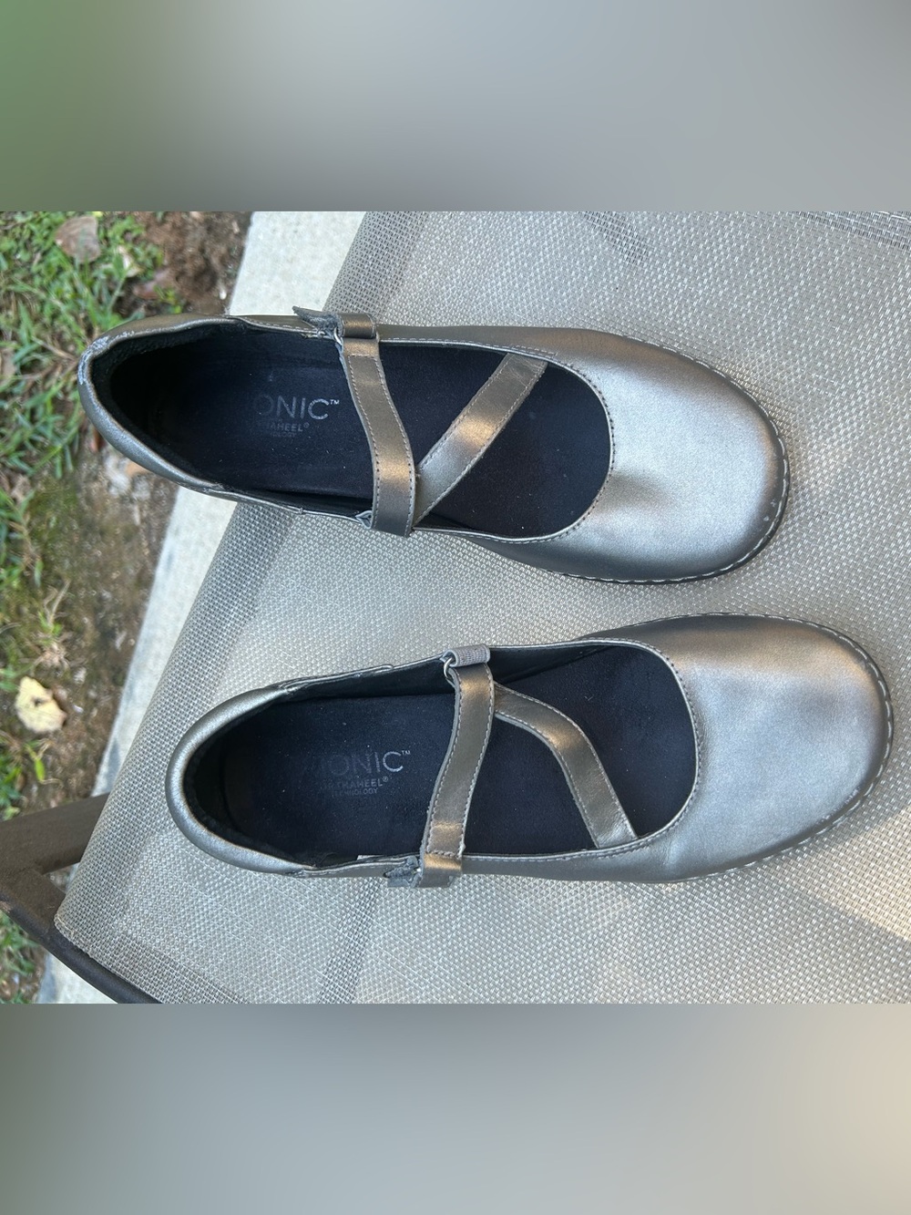 Vionic Metallic Silver Mary Jane Flats with Cross Strap
